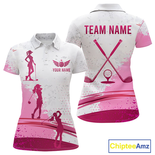 Womens Golf Polo Shirts Pink White Custom Name Golf Shirts For Women Personalized Golf Ball Gifts NHN0037