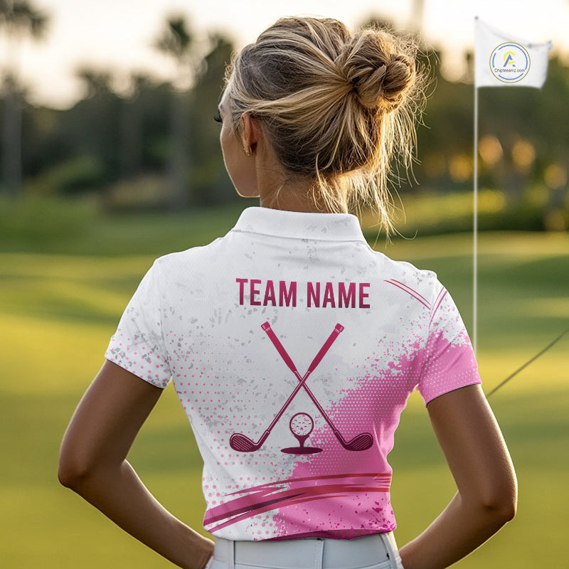 Womens Golf Polo Shirts Pink White Custom Name Golf Shirts For Women Personalized Golf Ball Gifts NHN0037