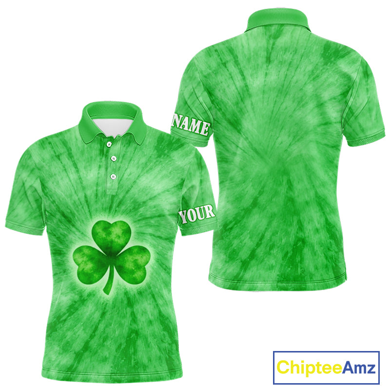 Green Tie Dye Mens Golf Polo Shirt Custom Name Green Clover St Patrick Day Golf Tops, Golf Gifts NHN0168