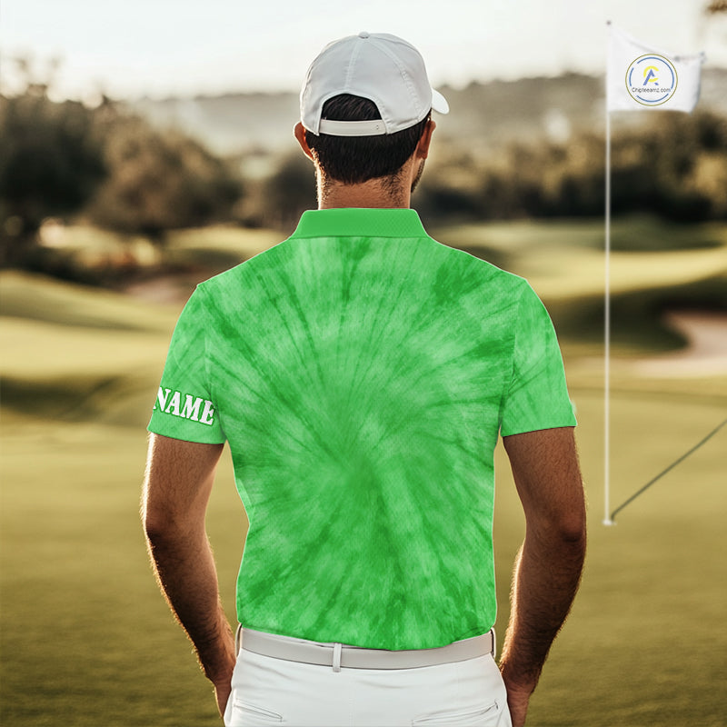 Green Tie Dye Mens Golf Polo Shirt Custom Name Green Clover St Patrick Day Golf Tops, Golf Gifts NHN0168