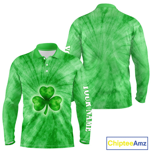 Green Tie Dye Long Sleeve Golf Polo Shirt Custom Name Green Clover St Patrick Day Golf Tops, Golf Gift NHN0168