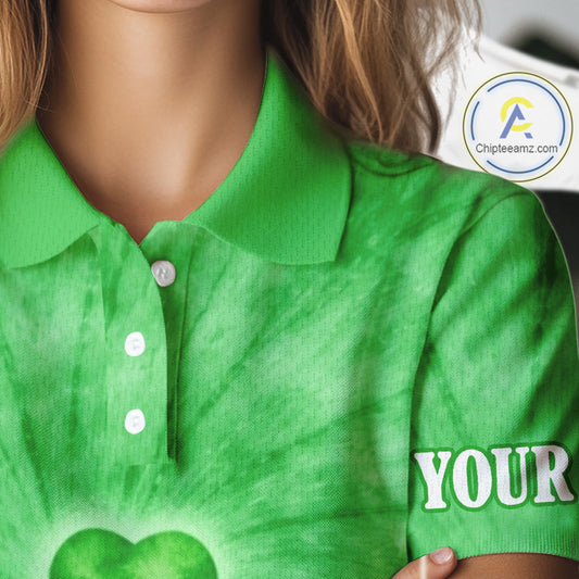 Green Tie Dye Womens Golf Polo Shirt Custom Name Green Clover St Patrick Day Team Ladies Golf Tops NHN0168
