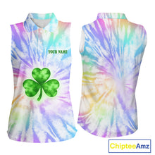 Load image into Gallery viewer, Colorful Pastel Tie Dye Womens Sleeveless Golf Polo Shirt Custom Green Clover St Patrick Day Golf Top NHN0169
