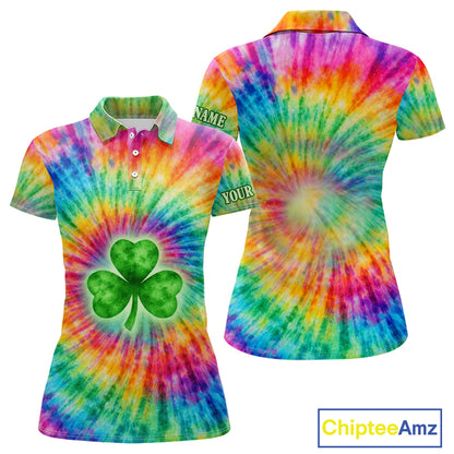 Colorful Tie Dye Womens Golf Polo Shirt Custom Green Clover St Patrick Day Golf Tops, Golf Gifts NHN0170