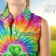 Load image into Gallery viewer, Colorful Tie Dye Womens Sleeveless Golf Polo Shirt Custom Green Clover St Patrick Day Golf Tops NHN0170