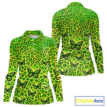 Load image into Gallery viewer, Womens Long Sleeve Golf Polo Shirt Colorful Green Leopard Print Custom Butterfly Team Ladies Golf Tops NHN0171