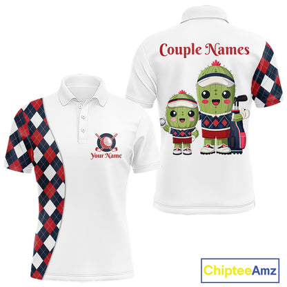 Matching Golf Polo Shirts for Couples Custom Red & Blue Argyle Pattern Golf Ball Cactus Golf Shirts NHN0040