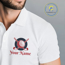 Load image into Gallery viewer, Matching Golf Polo Shirts for Couples Custom Red &amp; Blue Argyle Pattern Golf Ball Cactus Golf Shirts NHN0040
