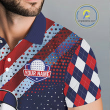 Load image into Gallery viewer, Funny American Flag Eagle Mens Golf Polo Shirts Patriotic Red &amp; Blue Argyle Pattern Golf Ball Custom NHN0044