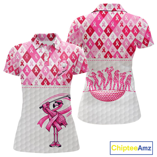 Womens Golf Polo Shirt Custom Pink Flamingo Ribbon Argyle Pattern, Breast Cancer Awareness Golf Tops NHN0177