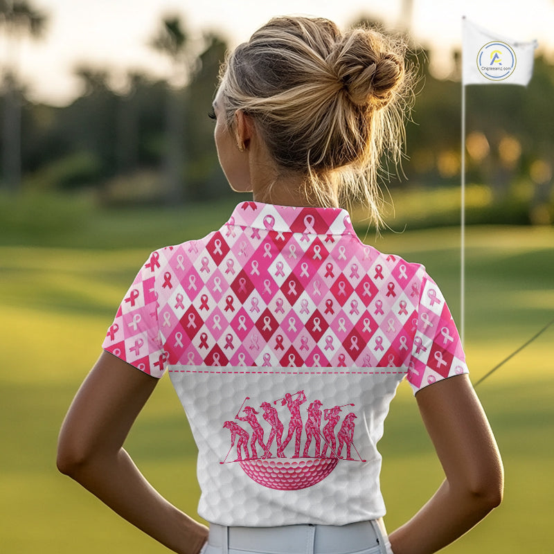 Womens Golf Polo Shirt Custom Pink Flamingo Ribbon Argyle Pattern, Breast Cancer Awareness Golf Tops NHN0177