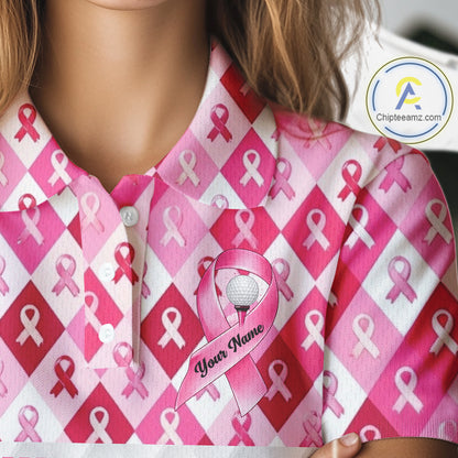Womens Golf Polo Shirt Custom Pink Flamingo Ribbon Argyle Pattern, Breast Cancer Awareness Golf Tops NHN0177