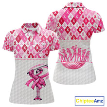 Load image into Gallery viewer, Womens Golf Polo Shirt Custom Pink Flamingo Ribbon Argyle Pattern, Breast Cancer Awareness Golf Tops NHN0177