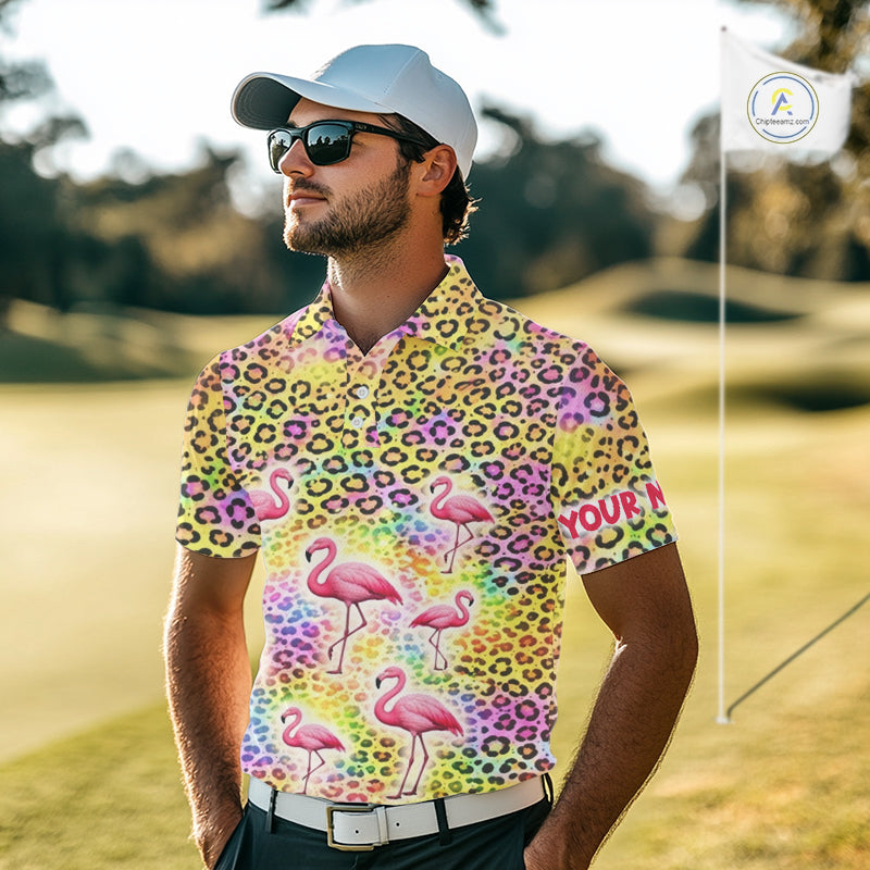Flamingo Mens Golf Polo Shirt Colorful Rainbow Leopard Print Pattern Custom Team Golf Tops For Men NHN0181
