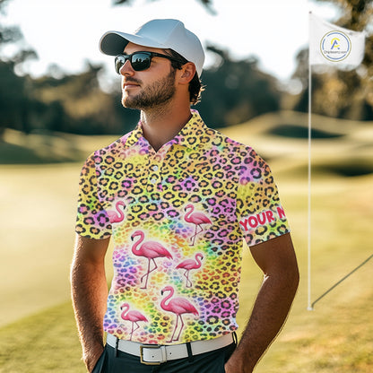 Flamingo Mens Golf Polo Shirt Colorful Rainbow Leopard Print Pattern Custom Team Golf Tops For Men NHN0181
