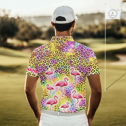 Flamingo Mens Golf Polo Shirt Colorful Rainbow Leopard Print Pattern Custom Team Golf Tops For Men NHN0181
