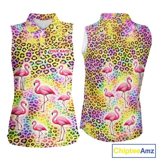 Flamingo Womens Sleeveless Golf Polo Shirt Colorful Rainbow Leopard Print Pattern Custom Team Golf Top NHN0181