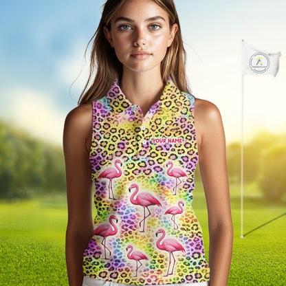 Flamingo Womens Sleeveless Golf Polo Shirt Colorful Rainbow Leopard Print Pattern Custom Team Golf Top NHN0181