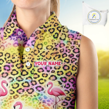 Flamingo Womens Sleeveless Golf Polo Shirt Colorful Rainbow Leopard Print Pattern Custom Team Golf Top NHN0181