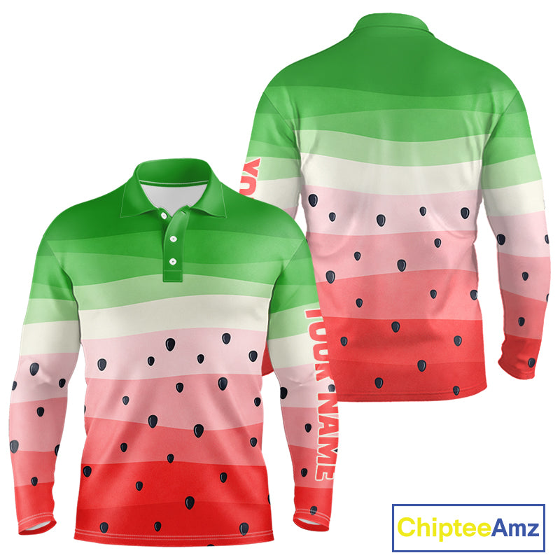 Funny Watermelon Mens Polo Shirt, Long Sleeve Golf Polo Shirt Custom Watermelon Pattern Team Golf Top NHN0182
