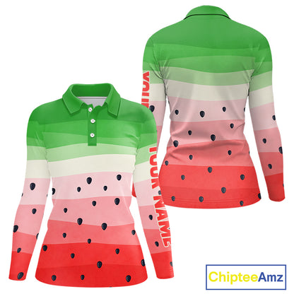 Funny Watermelon Polo Shirt, Womens Long Sleeve Golf Polo Shirt Custom Watermelon Team Golf Top NHN0182