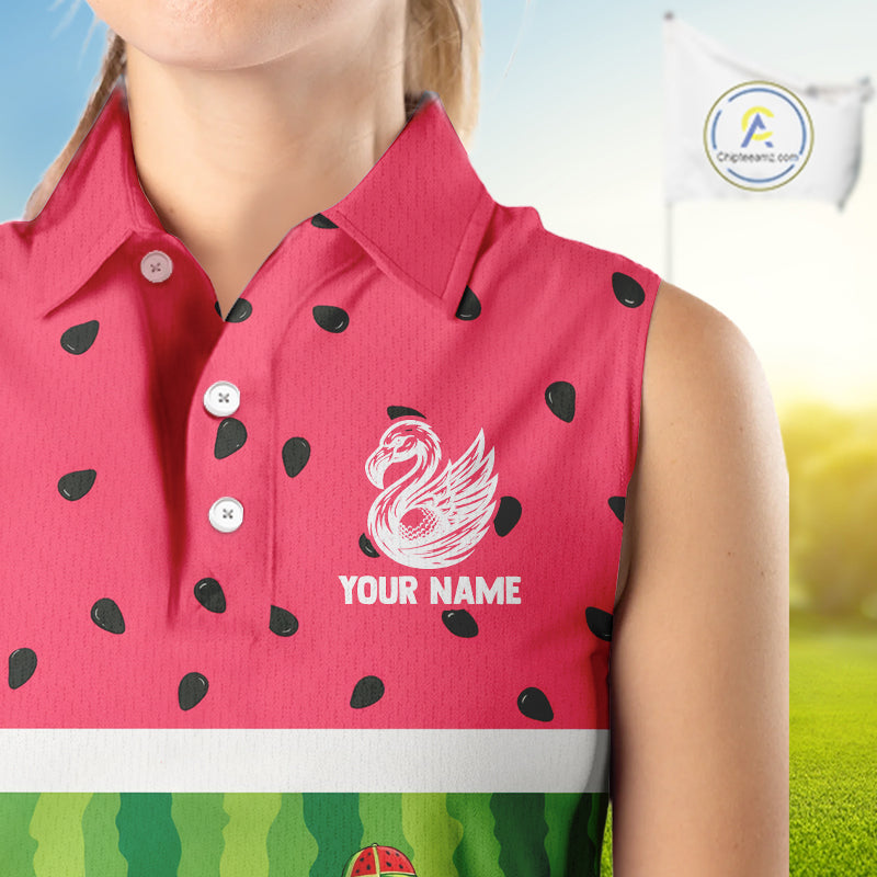Funny Watermelon Polo Shirt, Womens Sleeveless Golf Polo Custom Tropical Pattern, Flamingo Golf Shirts NHN0183