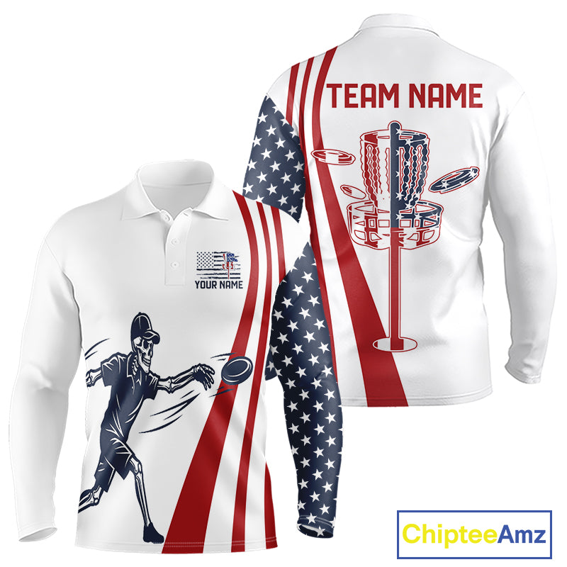 Funny Skull Mens Long Sleeve Disc Golf Polo Shirt Custom American Flag Disc Golf Basket Golf Shirts NHN0051