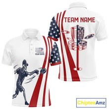 Load image into Gallery viewer, Funny Skull Mens Disc Golf Polo Shirt Custom American Flag Disc Golf Basket Personalized Golf Shirts NHN0051