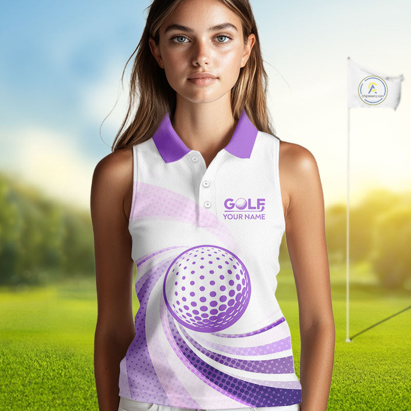 Purple And White Womens Sleeveless Golf Polo Shirt Custom Name Golf Shirt For Ladies Personalized NHN0053