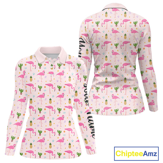 Tropical Pink Flamingo Pattern Womens Long Sleeve Golf Polo Shirts Custom Funny Team Ladies Golf Tops NHN0184