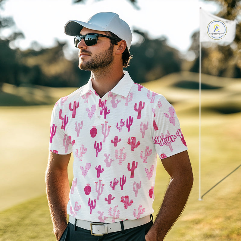 Funny Pink Cactus Pattern Mens Golf Polo Shirts Custom Cactus Golf Attire For Men, Golfer Gift NHN0185