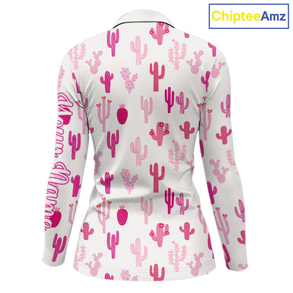 Funny Pink Cactus Pattern Womens Long Sleeve Golf Polo Shirts Custom Cactus Ladies Golf Attire NHN0185