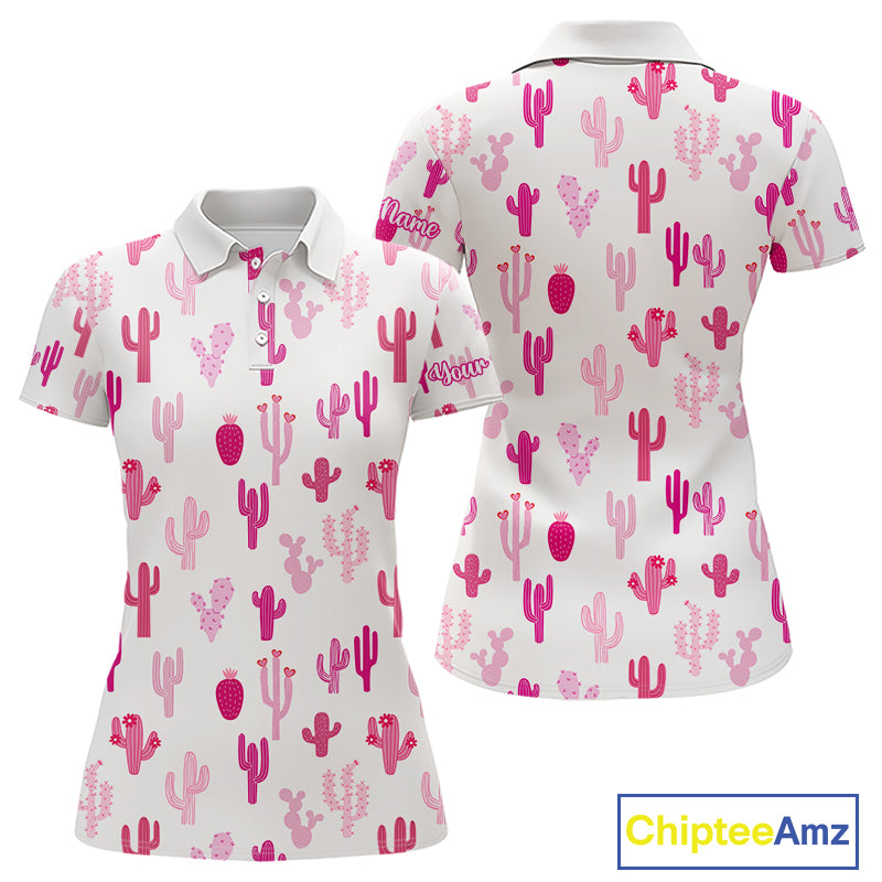 Funny Pink Cactus Pattern Womens Golf Polo Shirts Custom Cactus Ladies Golf Attire, Golfer Gift NHN0185