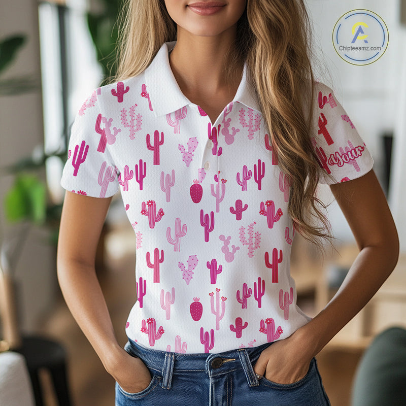 Funny Pink Cactus Pattern Womens Golf Polo Shirts Custom Cactus Ladies Golf Attire, Golfer Gift NHN0185