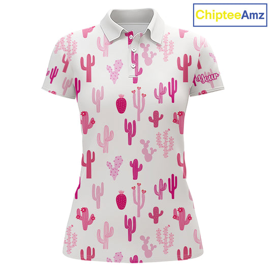 Funny Pink Cactus Pattern Womens Golf Polo Shirts Custom Cactus Ladies Golf Attire, Golfer Gift NHN0185