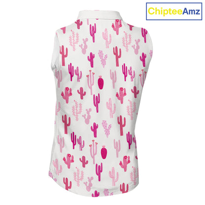Funny Pink Cactus Pattern Womens Sleeveless Golf Polo Shirts Custom Cactus Ladies Golf Attire, Golf Gift NHN0185