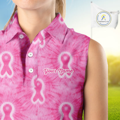 Pink Breast Cancer Golf Shirt Custom Tie Dye Womens Sleeveless Golf Polo Shirt, Pink Golf Gifts NHN0188