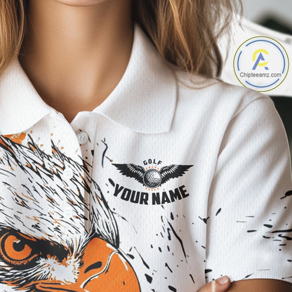 Custom Womens Golf Polo Shirt Orange & White Grunge Ripped Eagle Grasping Golf Ball Golf Apparel NHN0054