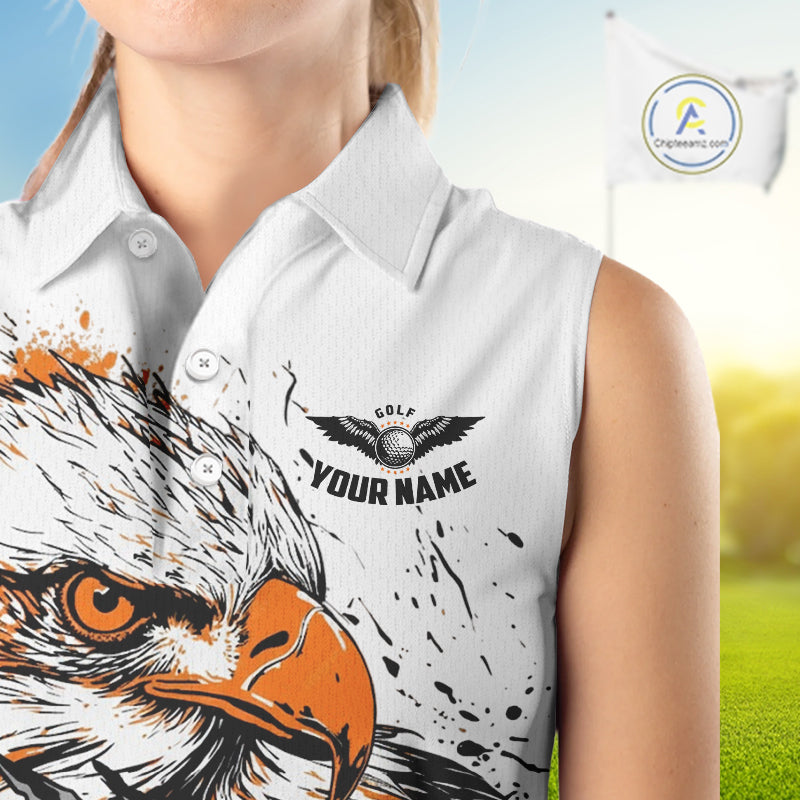 Womens Sleeveless Golf Polo Shirt Custom Orange And White Grunge Eagle Grasping Golf Ball, Golf Gifts NHN0054