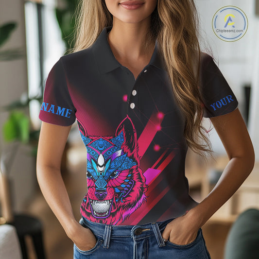 Funny Pink Wolf Golf Polo Shirt for Women Custom Golf Ball Team Jersey Womens Golf League Shirt Golf Gifts