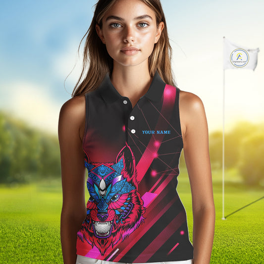 Funny Pink Wolf Womens Sleeveless Golf Polo Shirt Custom Golf Ball For Team Jersey NHN0056