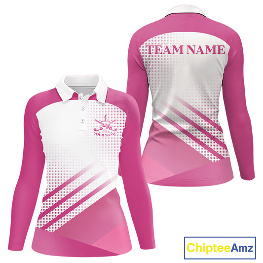 Womens Long Sleeve Polo Golf Shirts Custom Pink And White Pattern Golf Cart & Golf Ball Design NHN0059