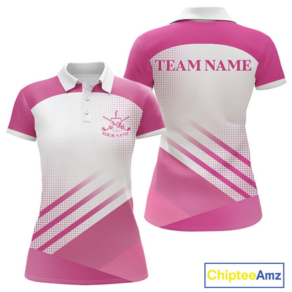 Womens Golf Polo Shirt Custom Pink And White Pattern With Golf Cart Golf Ball Shirts For Women NHN0059
