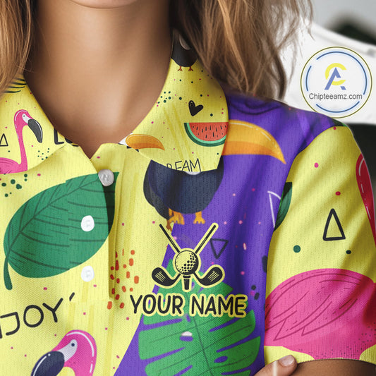Funny Womens Golf Polo Shirt Custom Tropical Summer Pattern, Flamingo Golf Shirts For Ladies NHN0195