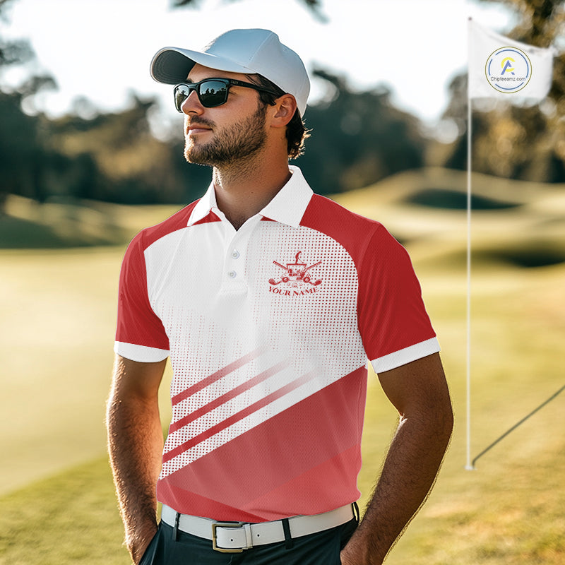 Red And White Mens Golf Polo Shirts Custom Golf Tops For Men, Personalized Golf Gifts NHN0059