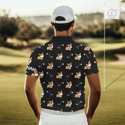 Black Mens Golf Polo Shirt Custom Cute Dogs Corgi Print Golf Shirts For Men, Dog Lover Gift NHN0069