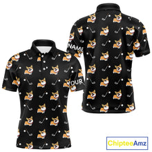 Load image into Gallery viewer, Black Mens Golf Polo Shirt Custom Cute Dogs Corgi Print Golf Shirts For Men, Dog Lover Gift NHN0069