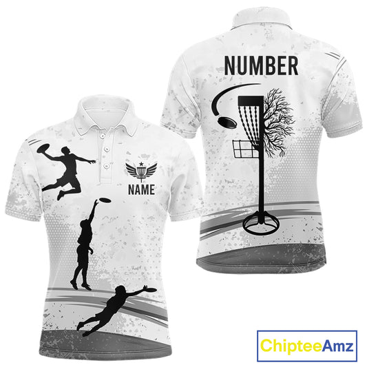 Black And White Disc Golf Basket Mens Polo Shirts Custom Name & Number Team Disc Golf Shirt NHN0035