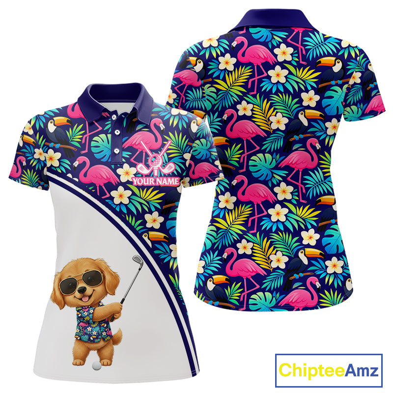 Funny Womens Golf Polo Shirt Custom Tropical Golden Retriever Ladies Golf Tops, Dog Lover Gift NHN0201