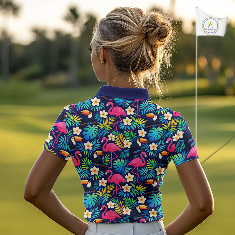 Funny Womens Golf Polo Shirt Custom Tropical Golden Retriever Ladies Golf Tops, Dog Lover Gift NHN0201